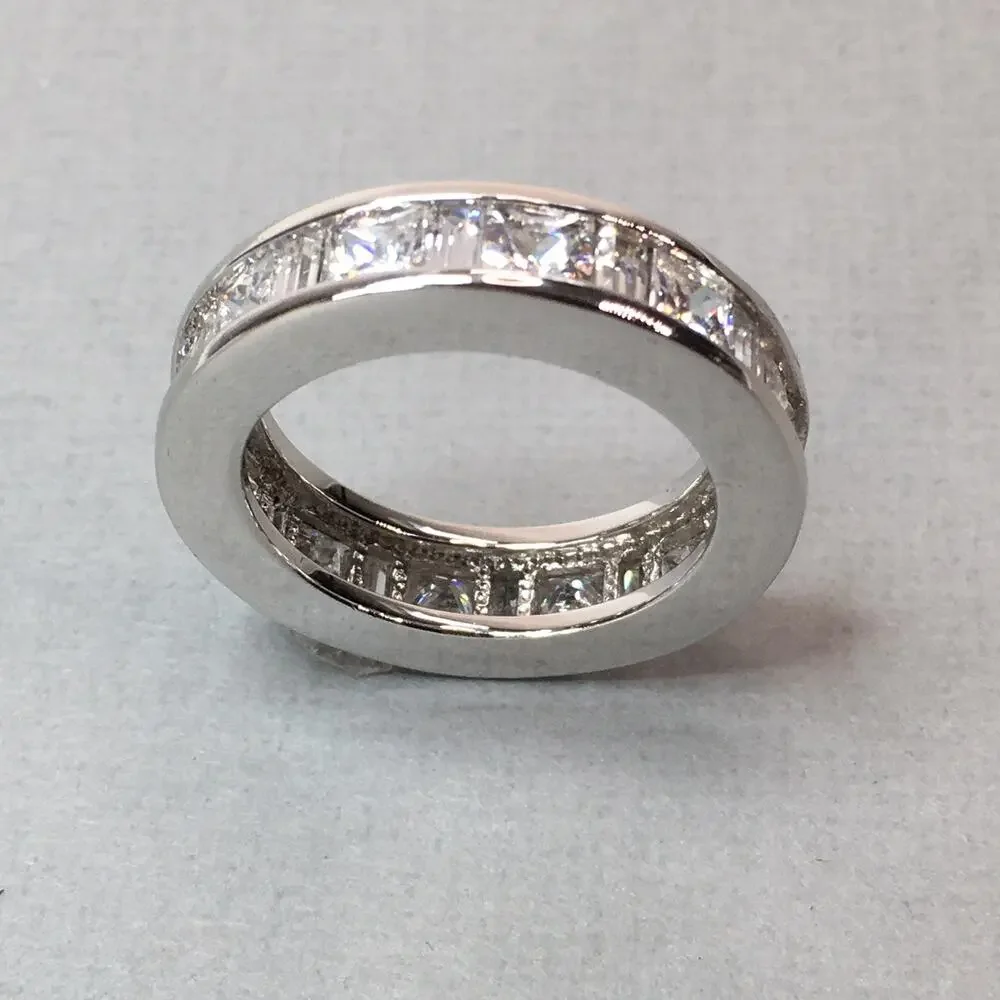 Radiant Rhodium On Sterling Silver Channel Set Cubic Zirconia 2mm Band Ring Sz 9